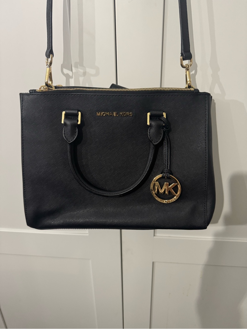 Michael Kors Black Leather Satchel with Gold MK Charm